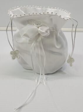 R) White Satin Wedding Bridal Flower Girl Purse Money Bag with Faux Pearls